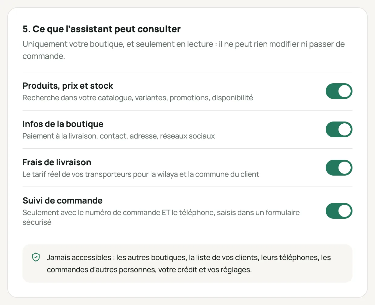 La section « 5. Ce que l’assistant peut consulter » avec ses quatre interrupteurs