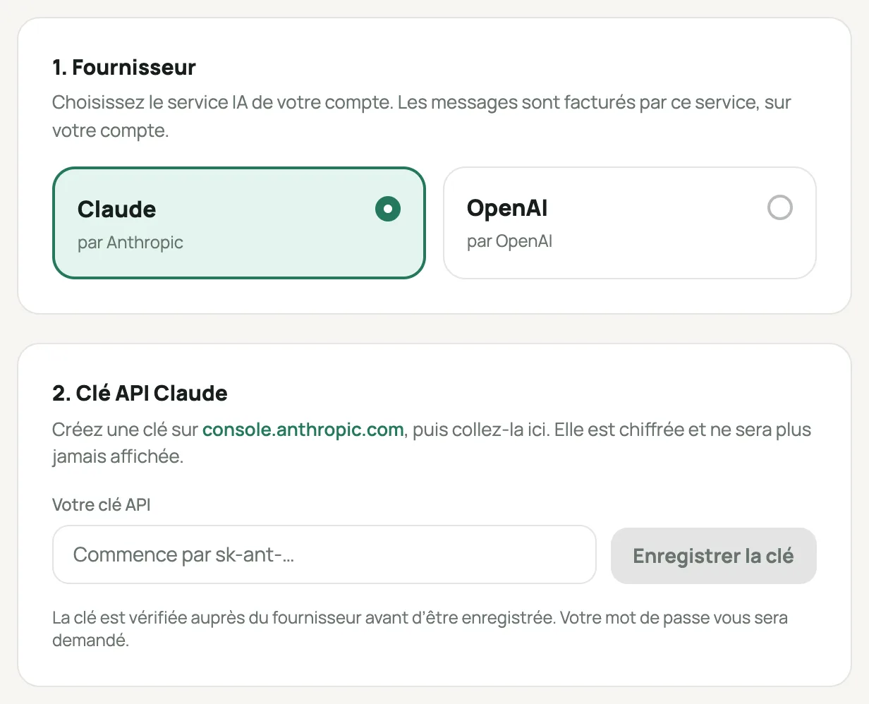 Les sections « 1. Fournisseur » et « 2. Clé API » de l’assistant IA