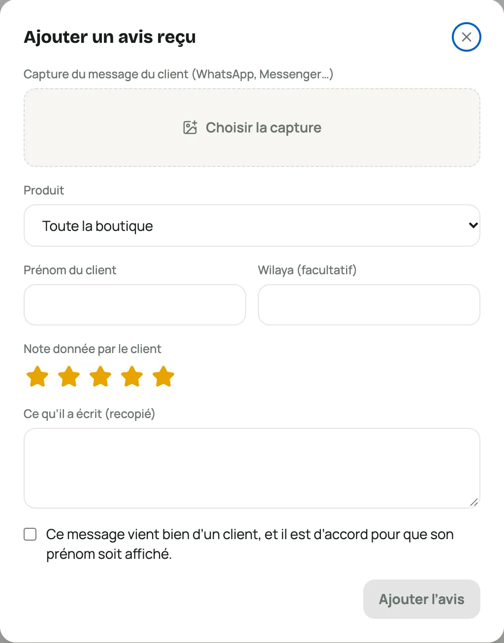 La fenêtre « Ajouter un avis reçu » avec la capture du message, la note et le prénom