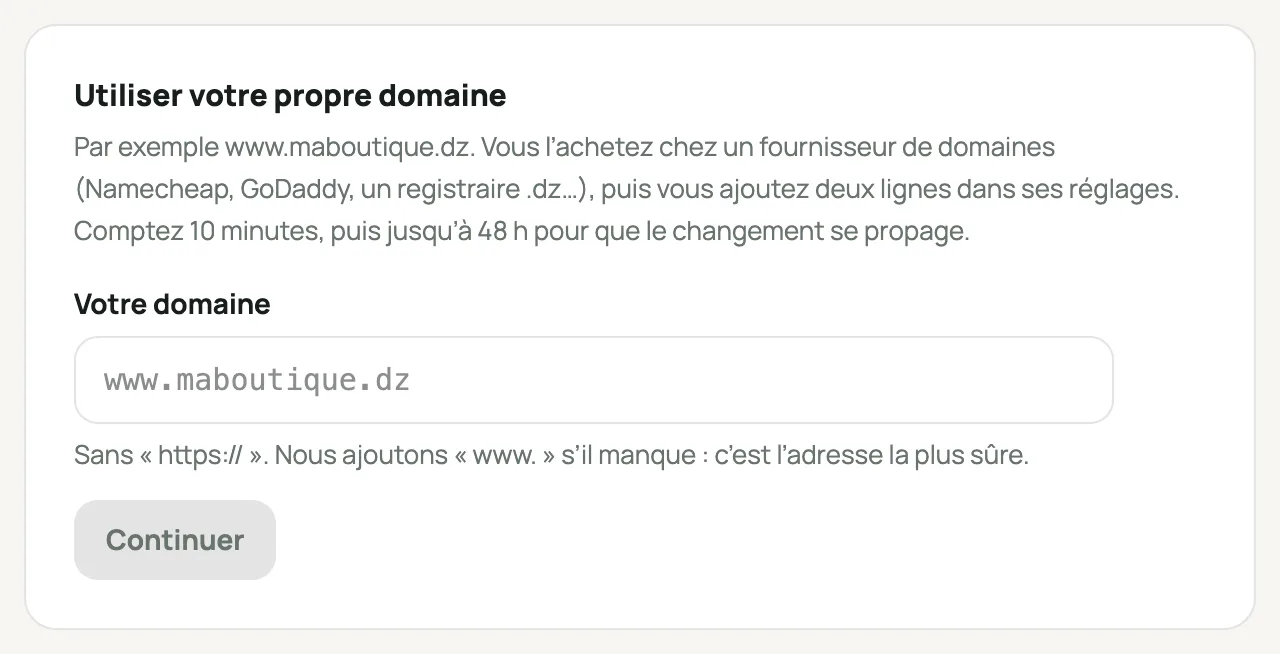 Réglages › Domaine, le champ « Votre domaine »