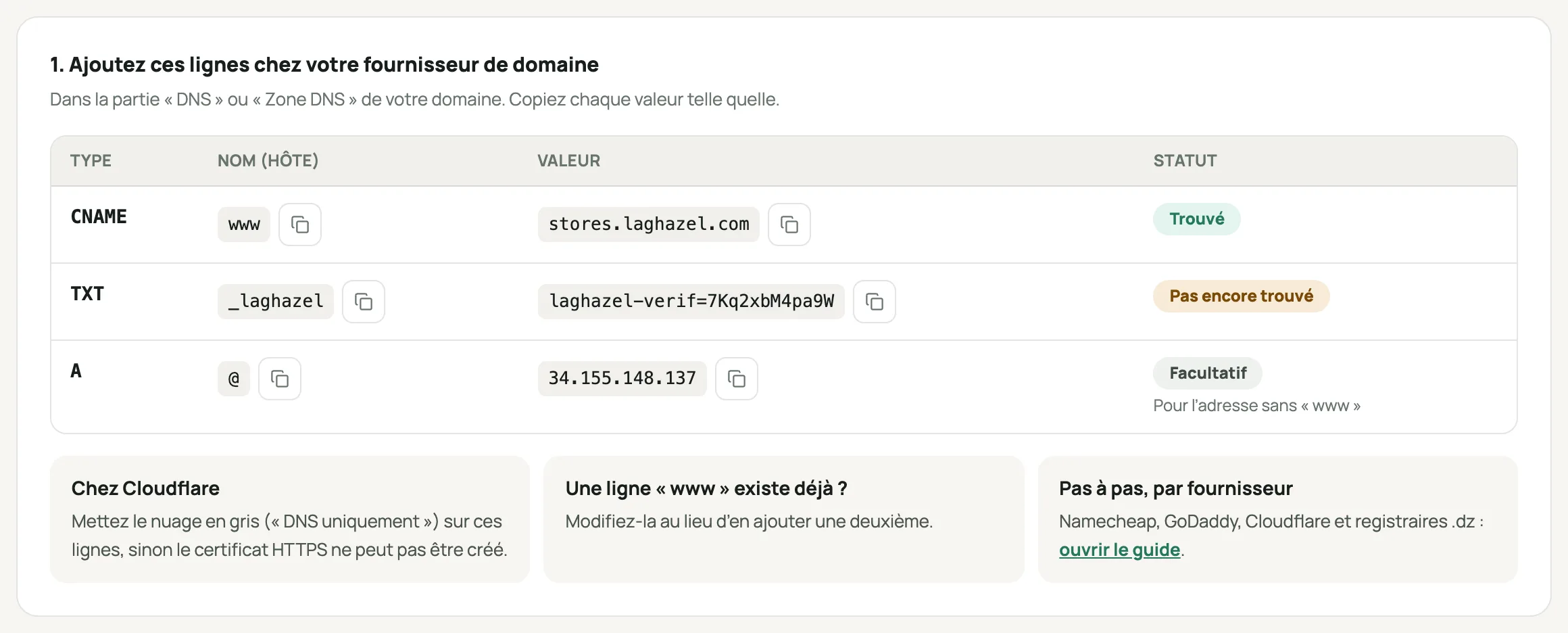 Les trois lignes DNS à ajouter, avec leur statut