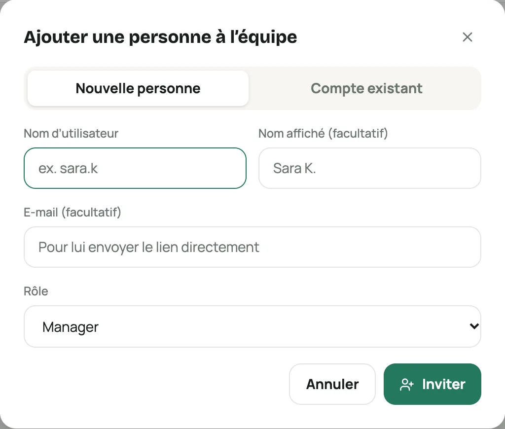 La fenêtre « Ajouter une personne à l’équipe »