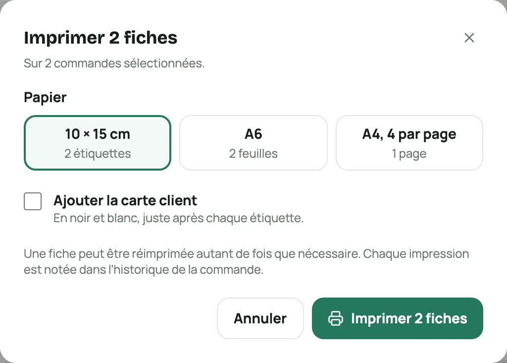 La fenêtre « Imprimer les fiches »