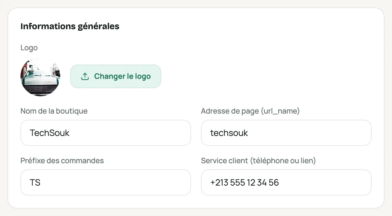 La section « Informations générales » de Réglages › Boutique