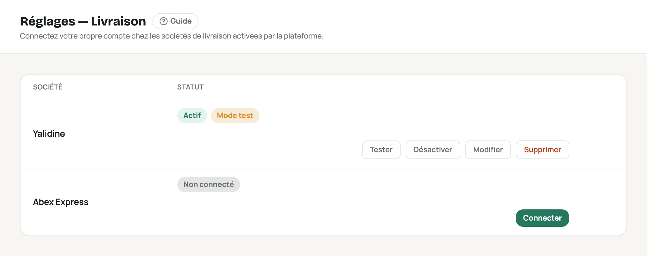 Réglages › Livraison avec Yalidine connecté en mode test et Abex Express à connecter