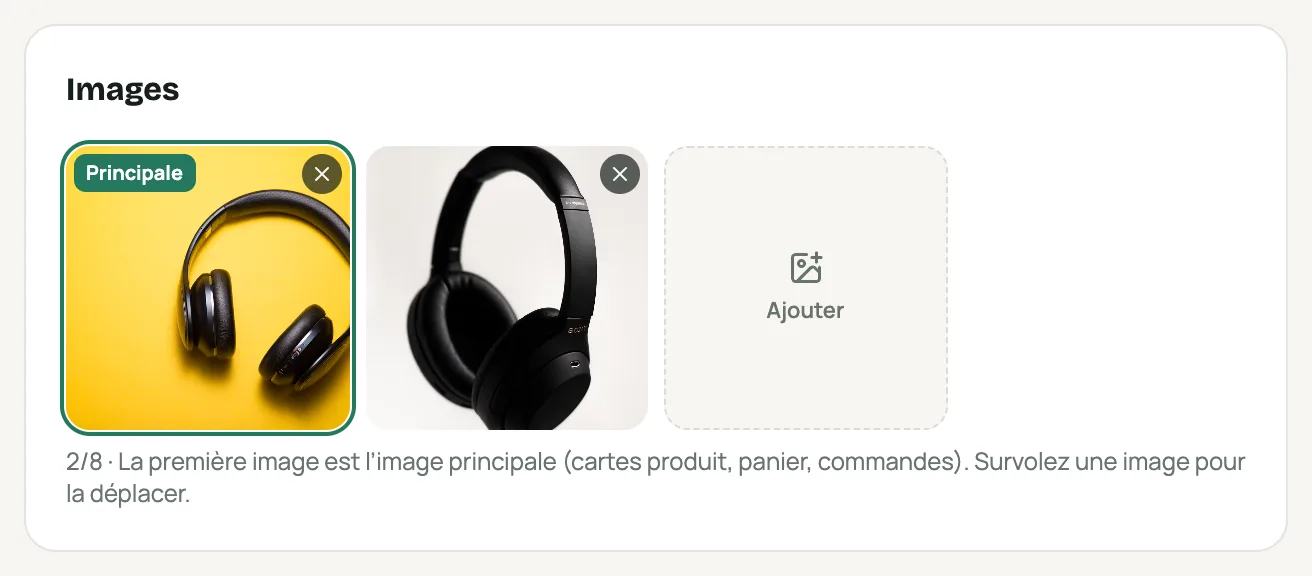 La section « Images » d’un produit, avec la photo principale