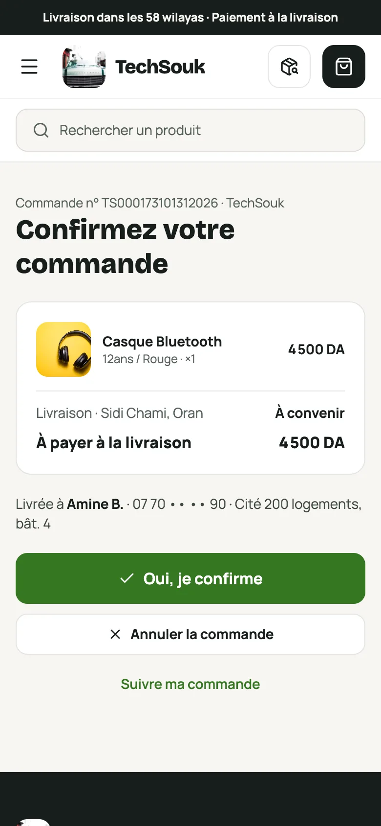 La page « Confirmez votre commande » sur un téléphone