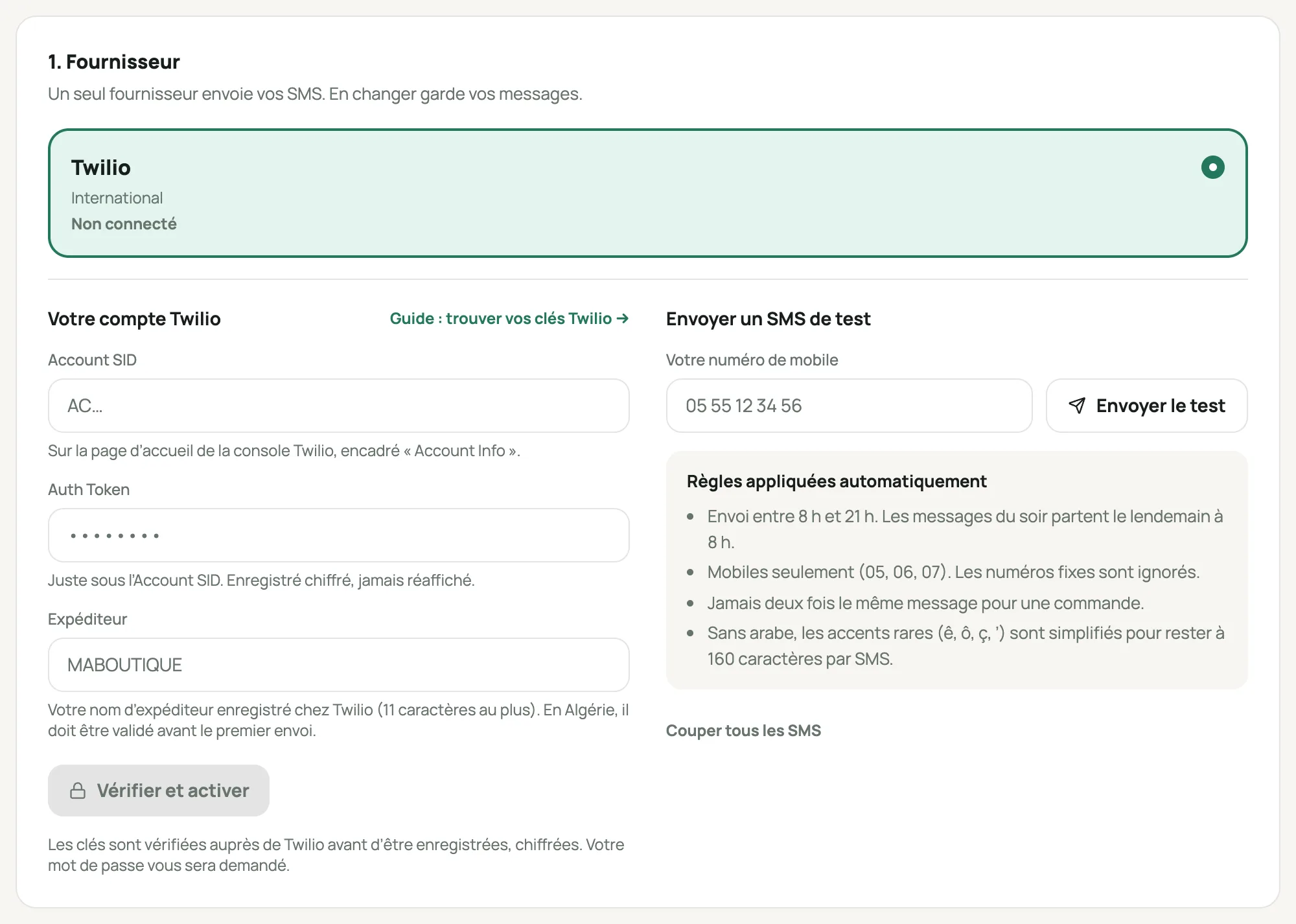 La section « 1. Fournisseur » avec le formulaire du compte Twilio