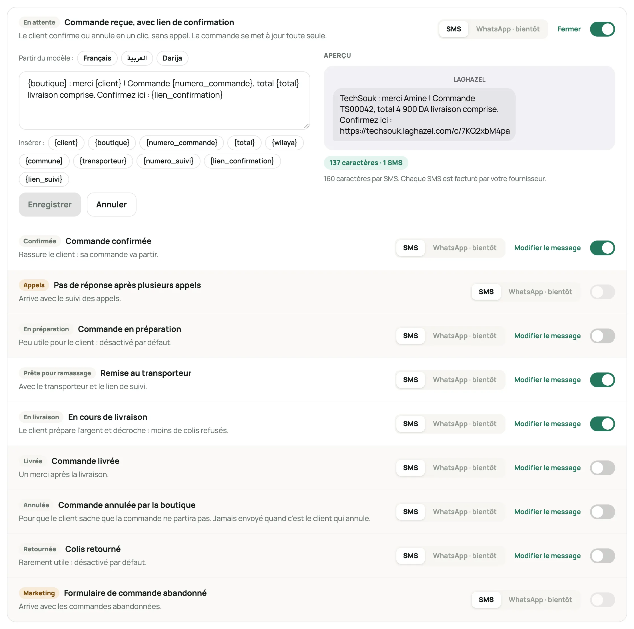 Les étapes et l’éditeur du message « Commande reçue », avec l’aperçu et le nombre de SMS
