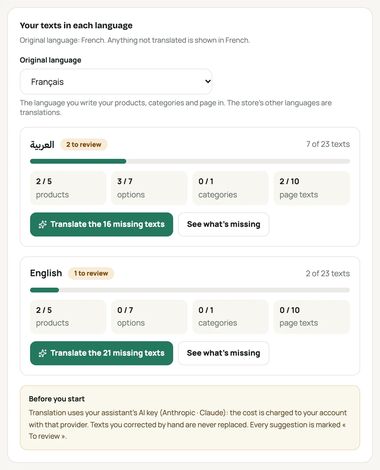The “Your texts in each language” card: each language’s progress and the button to translate the missing texts