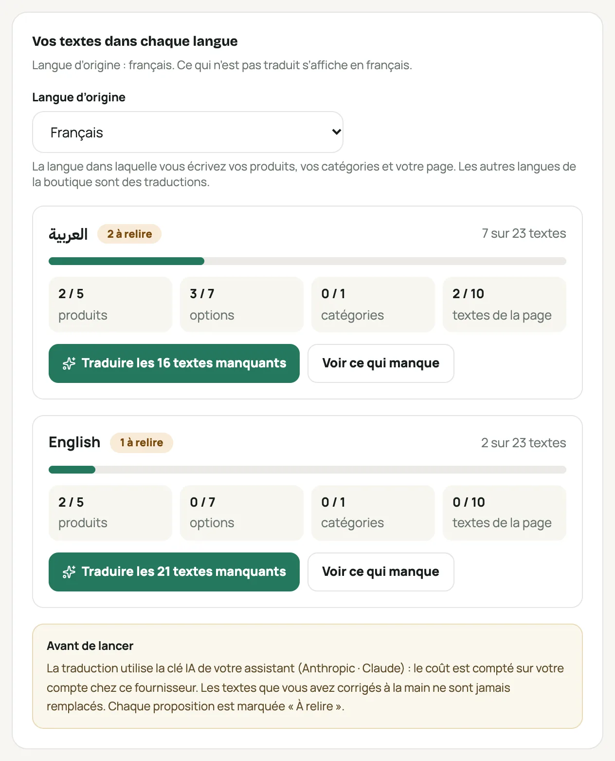 La carte « Vos textes dans chaque langue » : l’avancement de chaque langue et le bouton « Traduire les textes manquants »